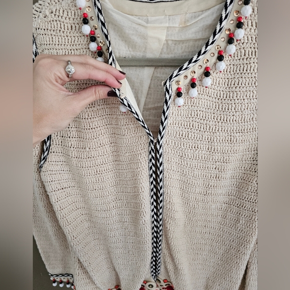 Tory Burch Embellished Linen Jacket Blazer Woven Jewelled Pom Pom Sweater - Picture 6 of 13